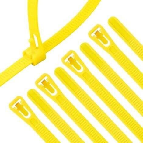 Pack of 100 reusable yellow plastic cable ties, 300 mm x 7.5 mm, made of nylon, UV resistant
