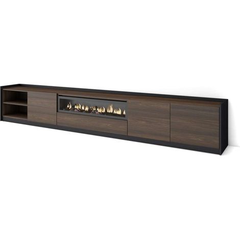 Mueble TV Lagos-02 de 310x50x37 cm con chimenea eléctrica, color roble oscuro y negro (1/4)
