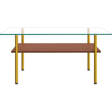 Table basse de salon rectangulaire verre trempé étagère MDF doré et marron 98 x 58 x 45 cm (1/5)