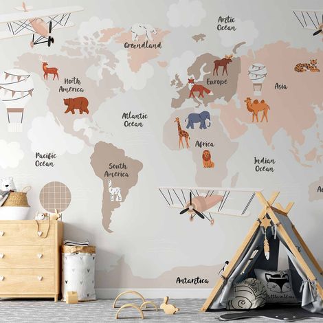 Papier peint photo - Carte du monde dans des tons beiges pour une chambre d'enfant (1/5)