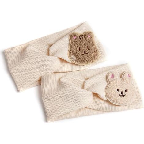 Lot de 2 bandeaux fleuris pour tout-petits, bandeau en tricot doux et élastique avec motif croisé, design cartoon ours et lapin (beige) (1/5)