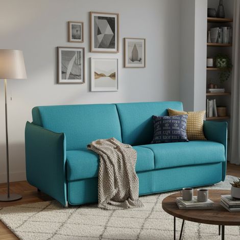 Dmora - Sofá cama 2 plazas Paloma, Sofá convertible para salón, acolchado, desenfundable, calidad 100% Made in Italy, 160x95 h90 cm, Azul claro (1/5)