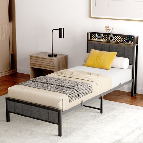 Letto singolo 90x200 cm nero in metallo con testiera in tessuto, porte USB e spazio contenitore (1/5)