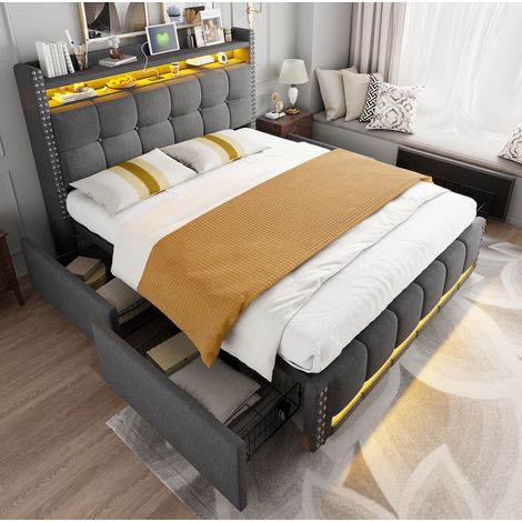 MEUBLIV Lit double avec 4 tiroirs, lit adulte rembourré 140 x 200 cm avec LED et port USB tête de lit avec étagères, gris (1/5)