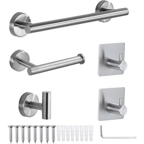 Badezimmer-Accessoire-Set, 5-teilig, Handtuchhalter, Toilettenpapierhalter, Klebehaken, multifunktionales Badezimmer-Set, silber (1/4)
