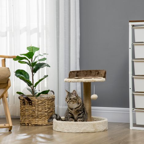 Arbre à gratter pour chat de 5 kg avec lits et ballon - 41x41x44 cm pour chats avec moelleux et housse de corde en jute - marron et beige (1/4)