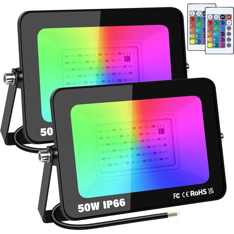 2 pack 50W RGB projecteur led extérieurs avec IR télécommande  sans prise, 16 couleurs 4 modes, RGBW, lumière de projecteur, neon spot led, pour jadin terrasse patio décorations, étanche (1/5)