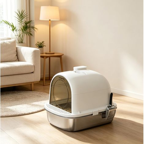 Arenero cerrado para gatos de acero inoxidable con entrada de 20 cm, pala y zona atrapaarena, para gatos de hasta 5 kg – CHICFURN, higiene diaria en casa (1/5)