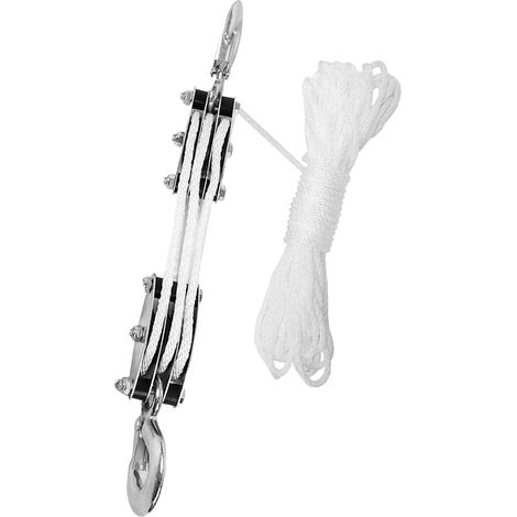 Système de poulies avec palan, poulie à roue en acier avec roulement pour camping, chasse, navigation de plaisance et levage, bricolage, 3 roues, 15 m, roue en acier, roulement, corde blanche, forme d (1/5)