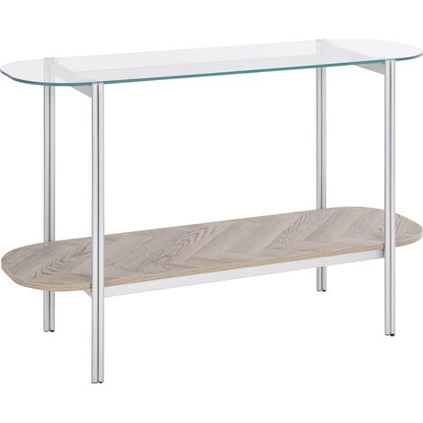 Mesa consola moderna tablero de vidrio templado estructura de metal 1 estante madera clara plateado Lovell