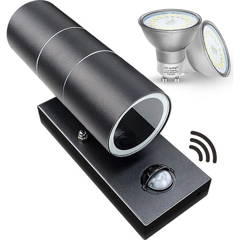 Appliques murales d'extérieur Détecteur de mouvement PIR extérieur Applique murale Up Down IP44 Lumières de sécurité Noir mat 240V - Incl. 2X 5W Ampoules LED Blanc Chaud (1/5)