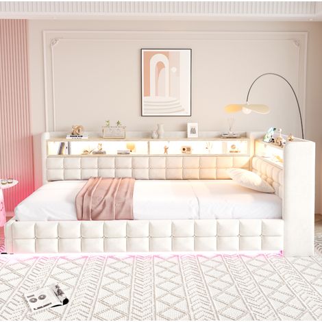 lit superposé 90/200 cm en velours beige avec rangement, LED et prises (1/5)