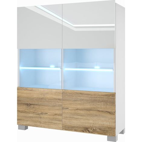 BELINI Kommode Sideboard Wohnzimmer Schlafzimmer Schrank Hochschrank mit LED-Leuchten Super-Soft-Touch-System zum sanften Schließen Aller Scharniere (Weiß/Sonoma Eiche) (1/5)