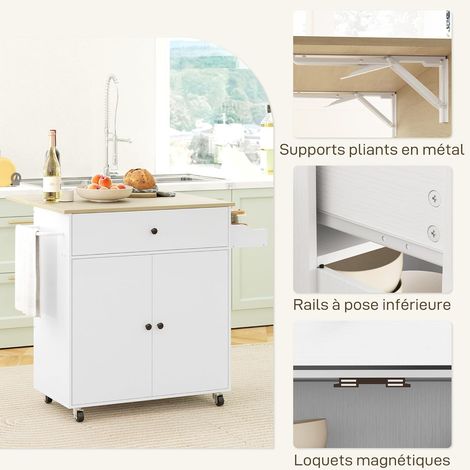 Desserte de Cuisine sur roulettes, Îlot Central Cuisine avec tiroir, étagère réglable, Placard à Double Porte, Support à épices et Porte-Serviette, 106 x 42 x 87 cm, Blanc