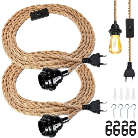 Lustre Corde de Chanvre de 4.5 Mètres - 2 Pièces Tête Unique Suspendue Câble de Lumière Corde E27 Prise, Vintage Lustre Corde Chanvre avec Prise Interrupteur, DIY Lampe Suspension pour Maison Chambre (1/5)