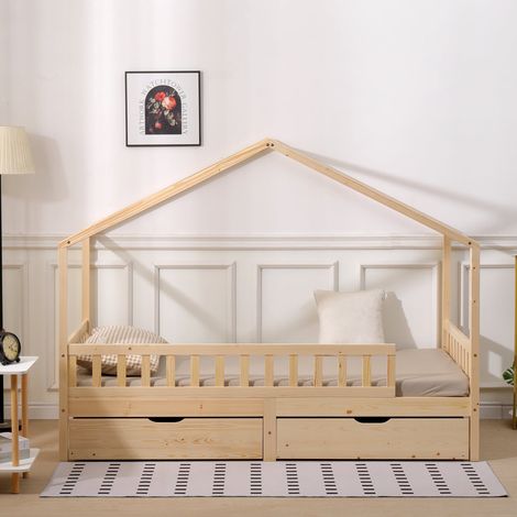 FURNITURE HMD Solid Wood Single Bed Frame with 2 Big Drawers