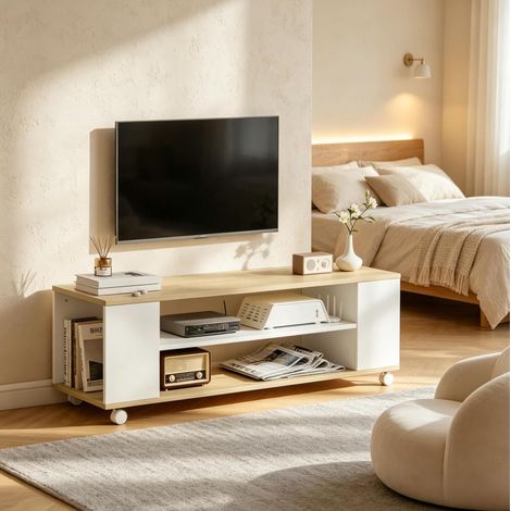 Meuble TV 120x40x38,5 cm en panneaux de bois naturel et blanc, avec rangement salon FLORAGRACE (1/5)