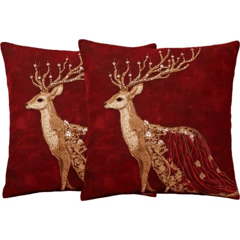 Housse De Coussin - Cerf - Rouge - 45 x 45 cm - Décor Festif Pour Canapé Chambre - Lot De 2 (1/5)