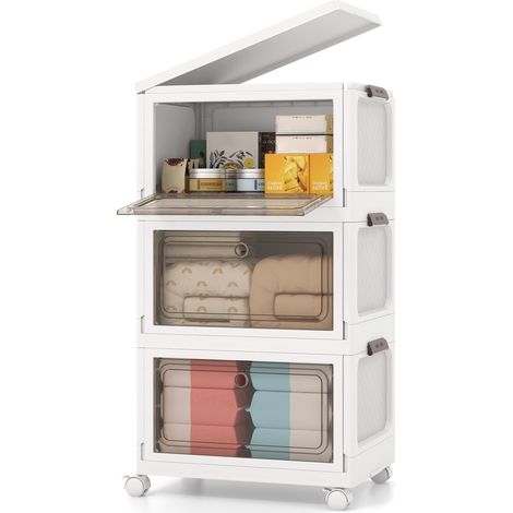 Set di 3 contenitori impilabili, contenitori pieghevoli da 105 litri con ruote, anta, coperchio, contenitore in plastica pieghevole (1/5)