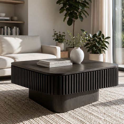 Mesa de centro cuadrada estriada de 75 cm con almacenamiento oculto, mesa de cóctel moderna chapada en madera maciza, fácil montaje en 5 minutos, mesa auxiliar para sala de estar, dormitorio, apartame (1/5)