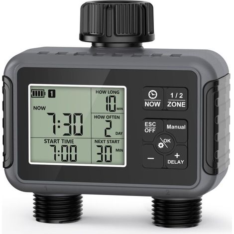 Ordinateur d'irrigation 2 sorties, minuterie d'arrosage de jardin avec retard de pluie/mode automatique et manuel, IPX5 étanche/grand écran LCD, contrôle de l'arrosage (1/5)
