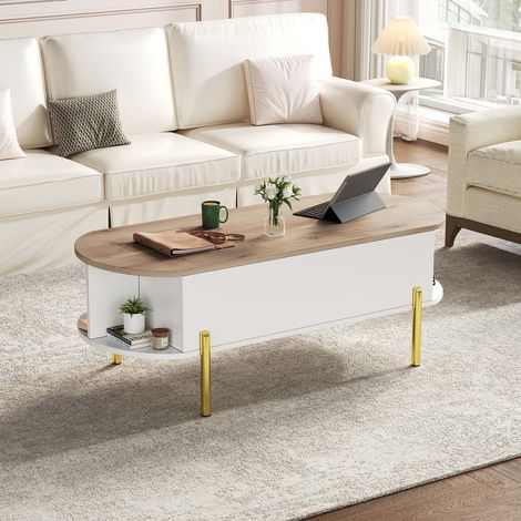 Table basse relevable 120 x 50 cm, 7 espaces de rangement, compartiment caché, pieds métal doré, blanc et bois naturel (1/5)