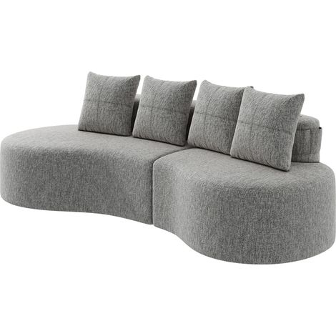 Sofá de lino gris claro con 4 cojines, espuma de alta densidad, posavasos y bolsillos laterales (1/5)