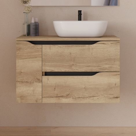 Meuble de salle de bain 80cm avec plateau et vasque à poser déportée à droite Zeus - sans miroir - 2 tiroirs et un placard - madera miel (bois clair) - ZARZA