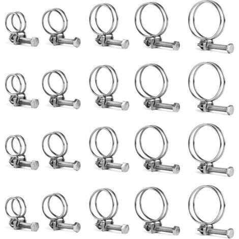 Jeu de 20 colliers à double fil inox 304 réglables 16-40 mm pour tuyaux d'eau