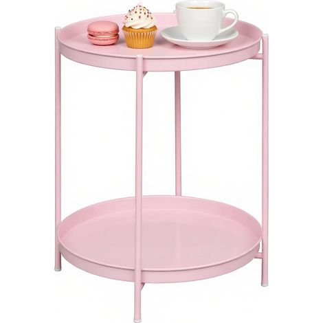 Mesa auxiliar redonda de metal rosa con 2 bandejas, 44 x 44 x 53 cm (1/5)