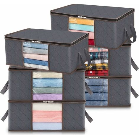 Lot de 6 Sac de Rangement Vetement 35L, Boîte de Rangement Sous lit Pliable, Housse Rangement Couette Organisateur de Placard, Fenêtre Transparente en Tissu Solide pour les Vêtements, Gris (1/5)