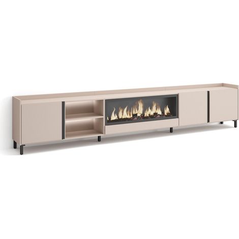 Skraut Home - Meuble TV, Banc Télé, Grand espace de Rangement, 315x35x61cm, Pour les TV jusqu'à 80", Cheminée électrique XXL, Design industriel, LED, Style moderne, Beige (1/5)