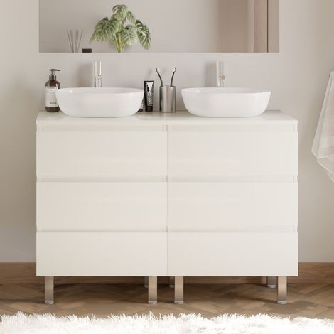 Meuble de salle de bain 120cm avec plateau et 2 vasques à poser arrondies - 6 tiroirs - sans miroir - blanc brillant - MAYOR