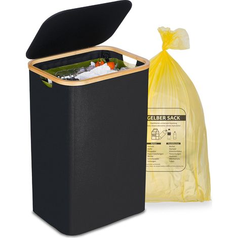 Support pour sac poubelle jaune 100 l, avec couvercle, support pour sacs jaunes, retrait facile grâce à la porte à l'arrière, récipient pour cuisine et maison [sans poche intérieure] - Noir (1/5)
