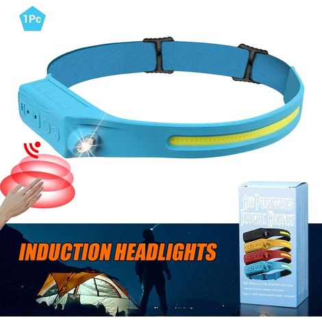 Lampe frontale LED rechargeable avec capteur (bleu), batterie intégrée, 5 modes d'éclairage, idéale pour la pêche et le camping. (1/5)