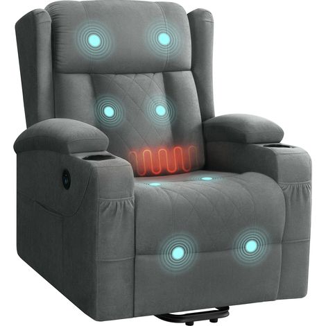 WOLTU Sillón reclinable eléctrico con masaje, tejido de rizo, con elevador, calefacción, reposapiés, bolsillos laterales, puerto USB y portavasos, gris (1/5)