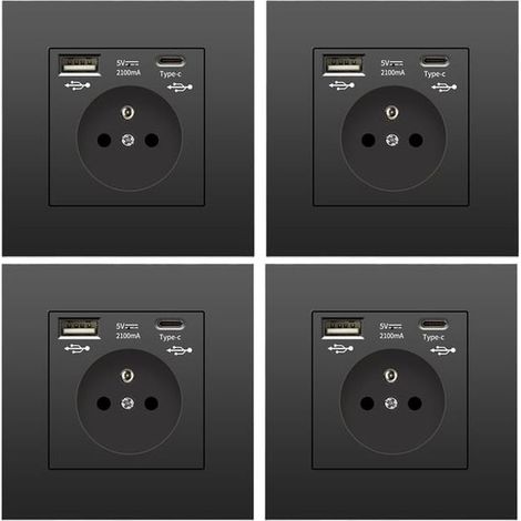 Lot de 4 prises murales avec USB et Type-C, 5 V 2,1 A, Multiprise Européenne prise USB encastrée standard UE, multiprise France, 110-250 V (noir)