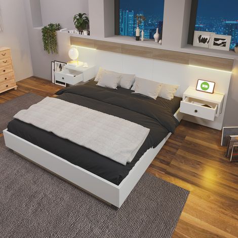 Lit double 160x200 cm - Avec tables de chevet LED - Tête de lit avec USB - Bois blanc et chêne (1/5)