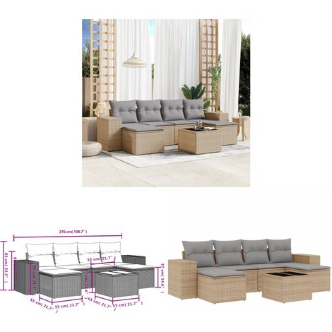 7-tlg. Garten-Sofagarnitur mit Kissen Beige Poly Rattan - Gartenmöbel Set - PE-Rattan Möbel - Outdoor Lounge - Esstisch Set - Balkonmöbel - Home & Living (1/3)