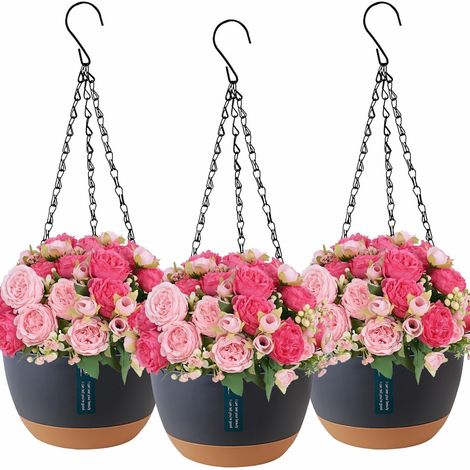 3Pot De Fleur Suspendu Pour Des Cache Pot Plante Interieur Extérieurs,Jardiniere Suspendue Pour Les Plantes,Avec Des Trous de Drainage et Des Plateaux,Des Suspension Plante Exterieur(Gris Foncé) (1/5)