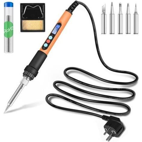 Fer à Souder 90W, Kit Professionnel de Précision avec Écran LCD, Température Réglable de 180-480°C, Fer à Souder Étain avec 5 Pointes, Fil de Soudure, Support, Mémoire, °C/°F, Fer à Souder Électrique (1/5)