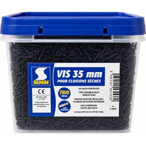 SEMIN Vis Plaque de Plâtre 3,5 x 35 mm – Auto-Perceuses TTPC Double Filet – Fixation Ossature Métallique Intérieur – Acier Phosphaté Anti-Corrosion – Seau 7000 Vis – Norme DTU 25.41 (1/5)