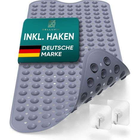 Tapis de bain antidérapant 100 x 40 cm avec 2 crochets - Tapis de baignoire antidérapant - Gris - Sans BPA - Pour enfants et adultes (1/5)