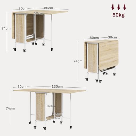 Table de salle à manger pliante (peut accueillir jusqu'à 6 personnes, avec étagères), en bois et métal, 130x80x74cm, blanche et couleur bois. (1/5)