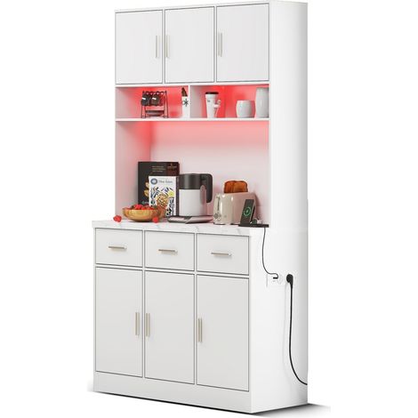 Buffet multifonction 100x40x180cm - LED télécommandé, tiroirs & étagères réglables - Idéal cuisine/salle à manger Blanc (1/5)