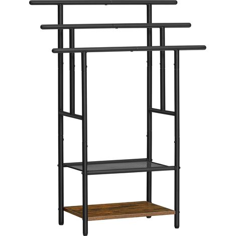 Porte-Serviettes sur Pieds, Range-Serviettes, avec 3 Barres, Support Salle de Bain, 2 étagères, Étendoir, pour Serviettes, Couvertures, Journaux, Marron Rustique et Noir (1/5)