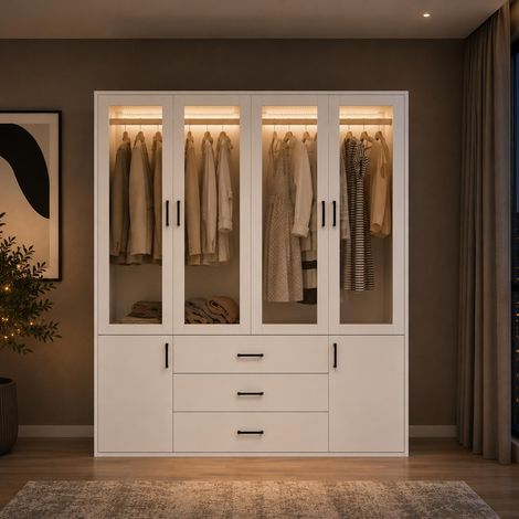 Armoire Moderne Blanc avec Éclairage LED, Placard Multifonctionnel pour Chambre avec 4 Portes Transparentes, 3 Tiroirs, Compartiments et Tringle à Vêtements pour Appartements et Chambres (1/5)