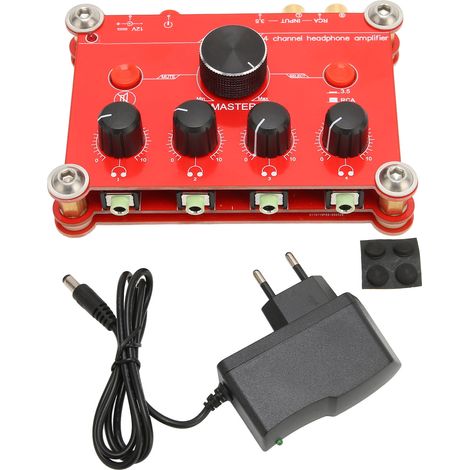 Amplificateur casque 4 canaux rouge avec contrôle de volume indépendant, module d'amplification audio facile à utiliser, prise UE 100-240V. (1/5)