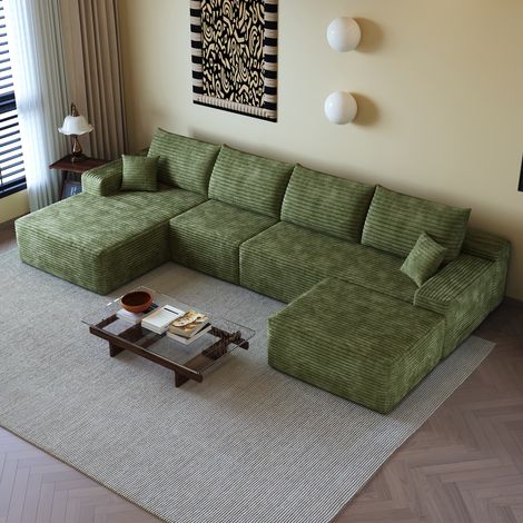 Divano angolare modulare, senza montaggio, seduta profonda, chaise lounge reversibile, corduroy verde (1/5)