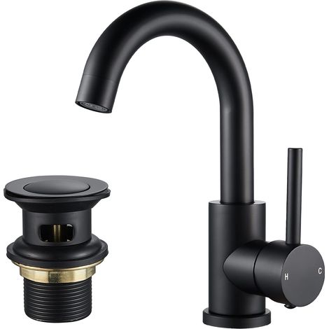 Mitigeur de lavabo avec bonde de vidage pop-up et bec pivotant, robinet mitigeur moderne en laiton noir à levier unique pour salle de bain (1/5)